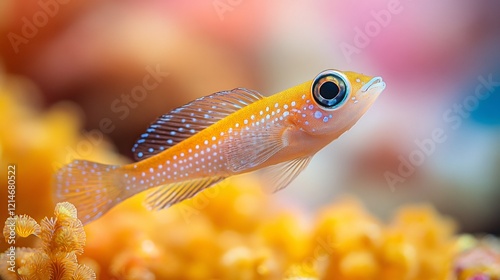 Dottyback fish in a saltwater aquarium, surrounded by vibrant corals, capturing the beauty of underwater life and coral reef ecosystems. photo