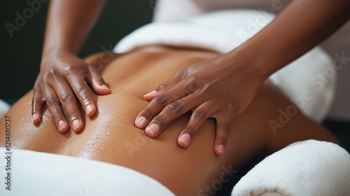 A black person enjoying a professional back massage therapy session with a relaxing atmosphere. Massage therapist