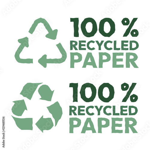 Recycled paper vector  logo badge. 100% recycled materials. Hand drawn flat vector illustrations on white background.