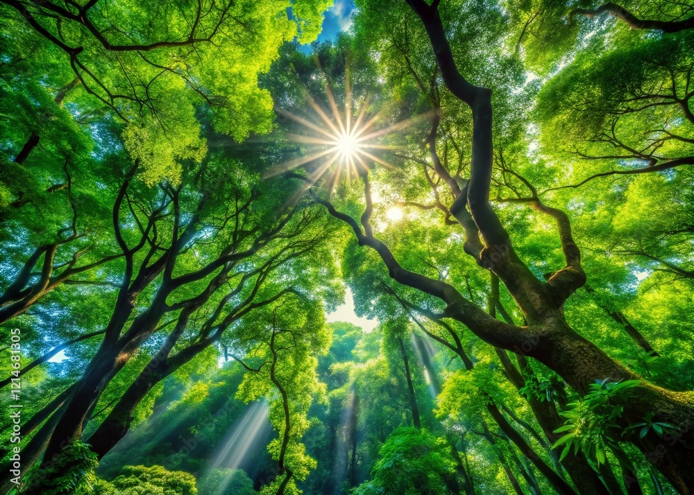 Sunlit Forest Path: Serene Green Canopy with Dappled Sunlight Sunlit Forest Path: Serene Green Canopy with Dappled Sunlight