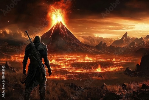 Captivating scene of a warrior observing nature's fury in a detailed landscape.