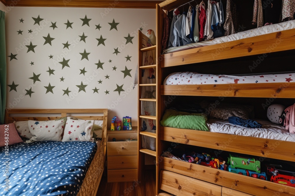 Fototapeta premium Cozy bedroom with bunk beds and a star-studded wall for a magical sleepover or a whimsical nursery design