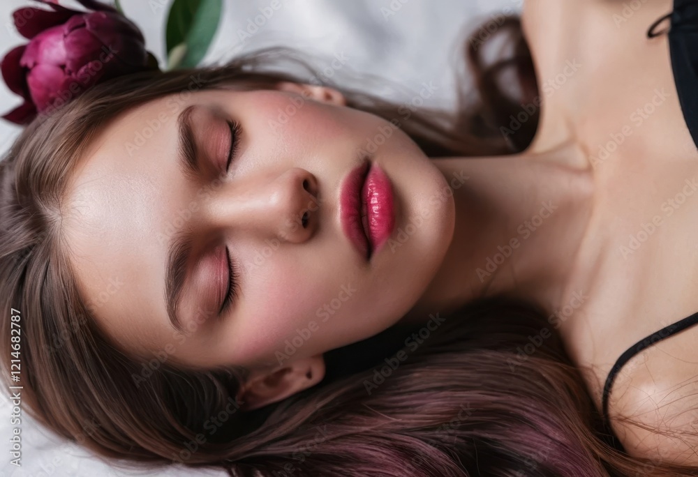 Close-up portrait of young woman, cute, attractive, beautiful, eyes closed. With peonies Close-up portrait of young woman, cute, attractive, beautiful, eyes closed. With peonies