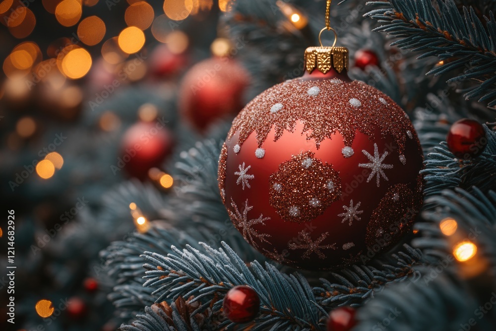 A bright red ornament hanging from a Christmas tree branch A bright red ornament hanging from a Christmas tree branch