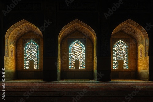 Mosque interior, stained glass windows, prayer area, Islamic architecture, religious travel photography photo