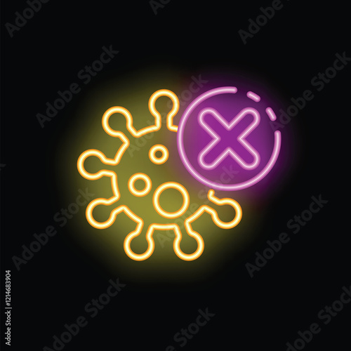 Yellow and purple neon icon showing a virus with a cross sign over it, representing virus elimination