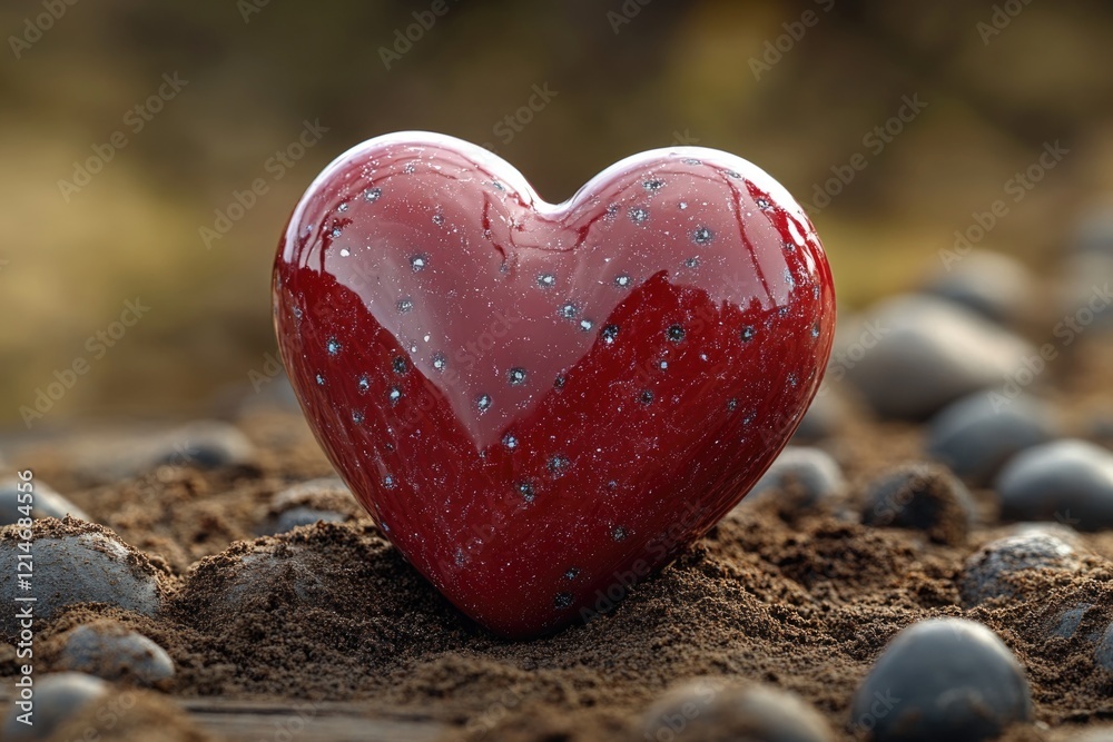 Fototapeta premium A red heart sits atop a pile of rocks, symbolizing love or passion
