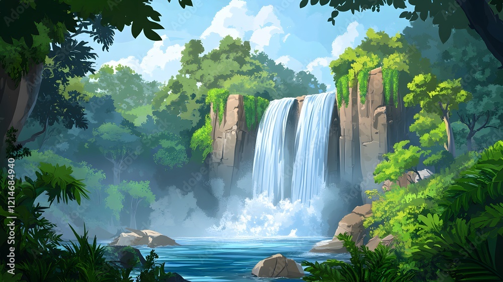 Naklejka premium Lush jungle scene featuring cascading waterfalls, vibrant greenery surrounding tranquil pool, perfect for relaxation and nature themes.