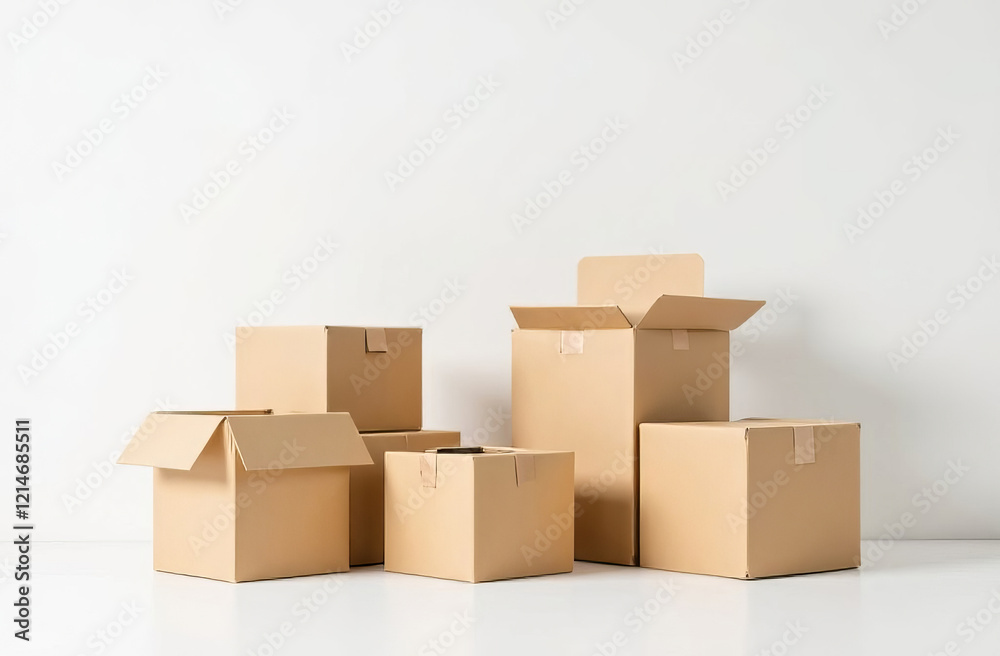 Fototapeta premium Empty cardboard boxes on a white background. Copy space.
