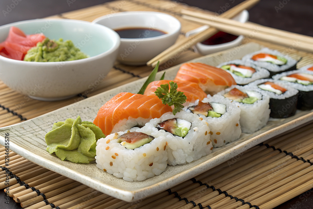 A beautifully arranged selection of sushi rolls with vibrant colors, alongside traditional chopsticks and a wasabi condiment, presented on a bamboo mat, ideal for culinary and Japanese cuisine themes A beautifully arranged selection of sushi rolls with vibrant colors, alongside traditional chopsticks and a wasabi condiment, presented on a bamboo mat, ideal for culinary and Japanese cuisine themes