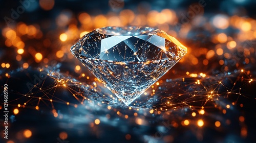 Abstract representation of a diamond ring, enveloped by glowing light algorithms, symbolizing a fusion of luxury and technology.