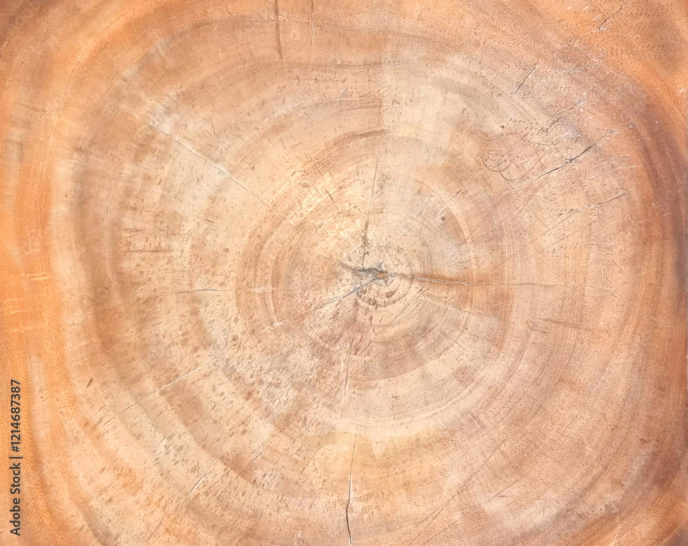 Naklejka premium cross section of a cut wood tree trunk slice shows circular pattern. wooden background, cracks and rings sawed down from the woods. sawing tree background.