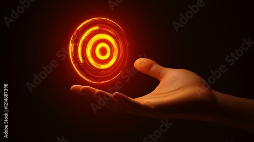 A businessman’s hand holding a glowing target icon. Concept of achieving goals and success. 