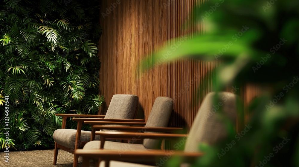 Fototapeta premium Clinic decor: A detailed view of a cozy clinic waiting area with comfortable seating and greenery.