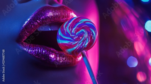 Close-up of female lips with glossy lipstick and colorful lollipop in neon lights