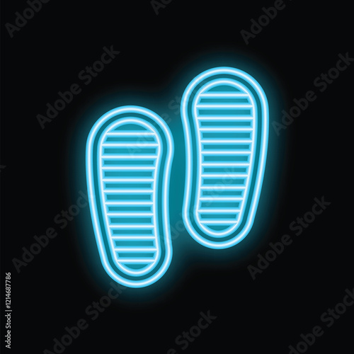 Bright blue neon footprint icon glowing on dark background representing concepts such as tracking and investigation