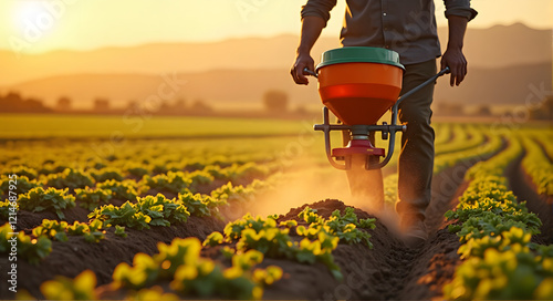 Farmer using a fertilizer spreader in a lush green field during sunset
