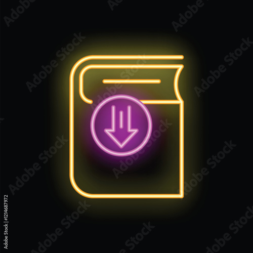 Glowing neon icon of a book with download arrow showing concept of online education