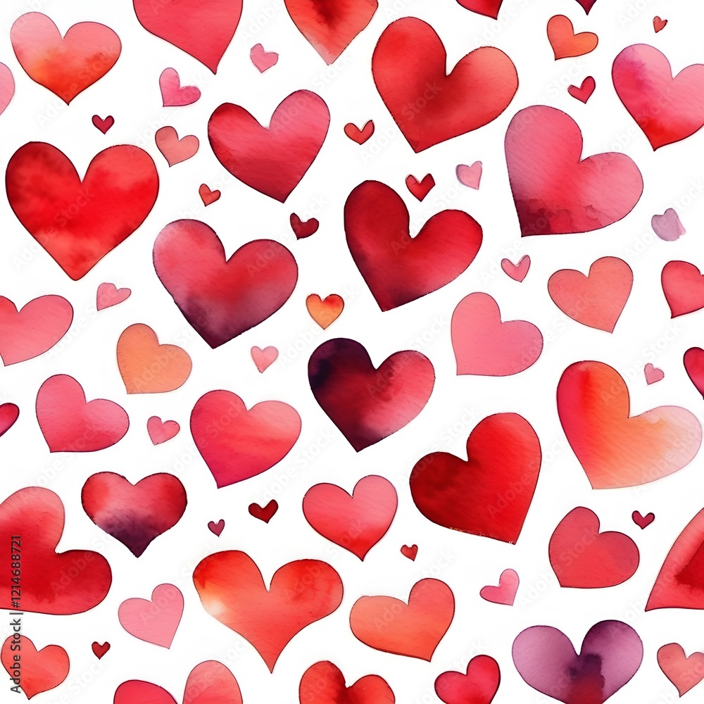 A seamless pattern of watercolor hearts in various shades of red and pink. A seamless pattern of watercolor hearts in various shades of red and pink.