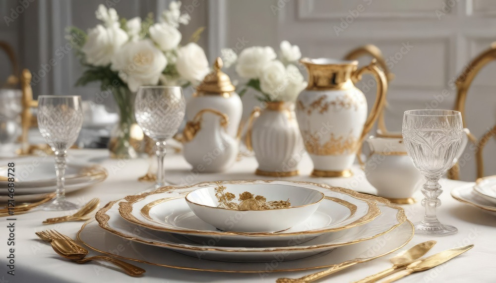 Fototapeta premium Elegant white and gold place setting with vintage china and crystal glassware, wedding, crystal