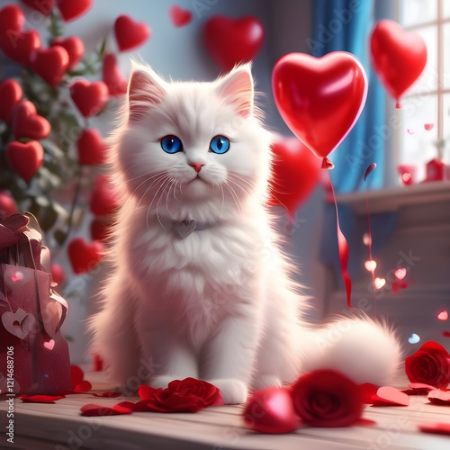 Fluffy white kitten, red hearts, Valentine's Day, adorable.
