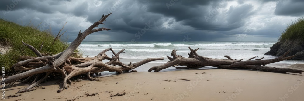 Driftwood and seaweed on the beach with a stormy sky, coastline, ocean, turbulent Driftwood and seaweed on the beach with a stormy sky, coastline, ocean, turbulent