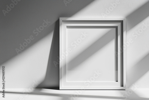 Minimalistic clean white picture frame with wide border on plain surface casting soft shadows photo