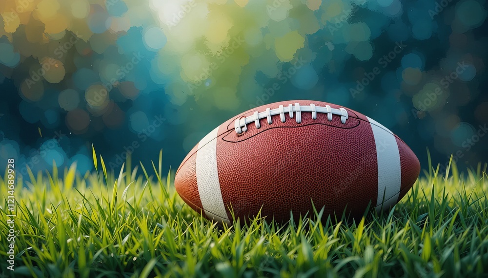American football resting on green grass with an abstract watercolor background.