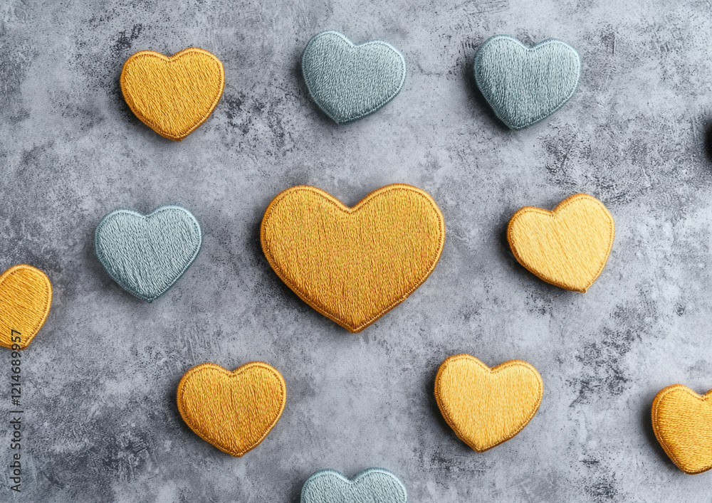 Obraz premium Golden and blue embroidered heart patches on textured surface