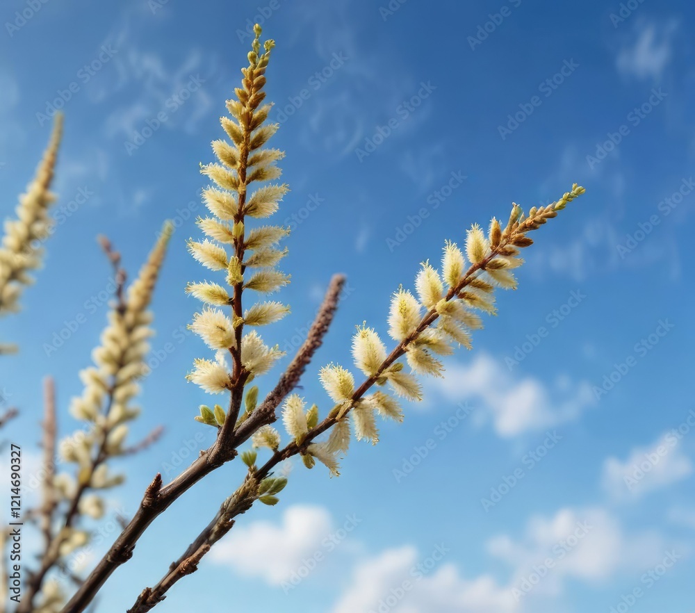 delicate twig of blooming catkins against a bright blue sky , tree growth, blue sky delicate twig of blooming catkins against a bright blue sky , tree growth, blue sky