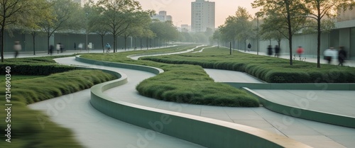 Modern Urban Landscape with Curved Pathways and Green Spaces. photo