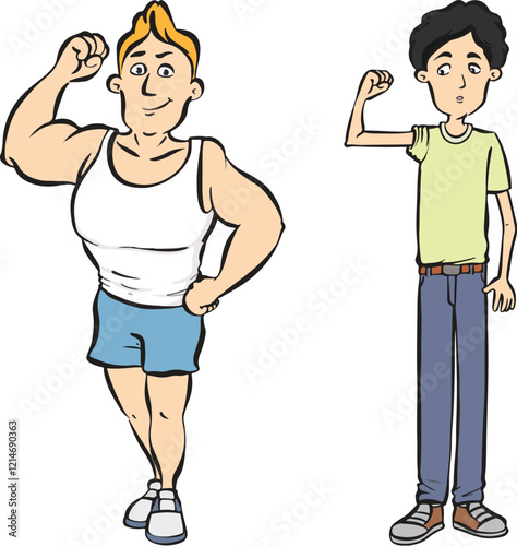 Cartoon muscular and skinny man.