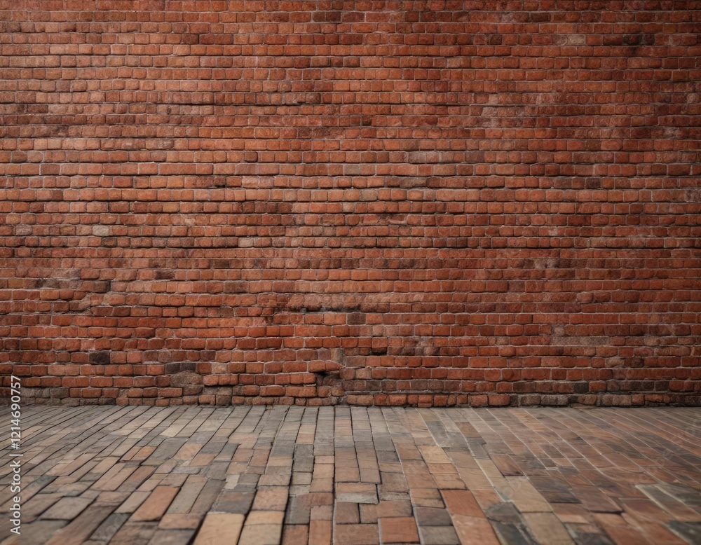 Fototapeta premium Defocused bokeh background of red brick wall for texture overlay, visual effect, blurred