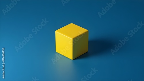 A single bright yellow cube on a royal blue surface with sharp shadows