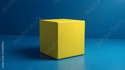 A single bright yellow cube on a royal blue surface with sharp shadows