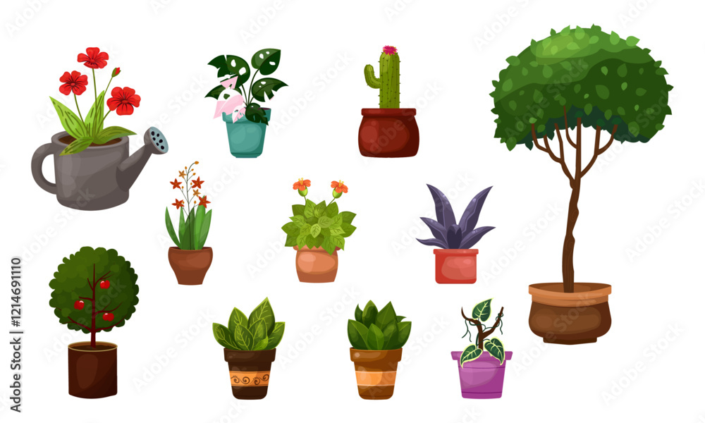 Set of houseplants, trees in a pots for home, office, coffeeshop, school. Different trendy indoor potted decorative plants. Monstera, cacti, apple tree and others vector illustrations Set of houseplants, trees in a pots for home, office, coffeeshop, school. Different trendy indoor potted decorative plants. Monstera, cacti, apple tree and others vector illustrations