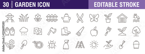 Collection of garden icons. Flowers, plants, gardening, grass, trees. Vector design template, signs, symbols, editable stroke.