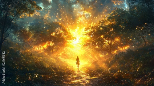 Woman walks towards radiant sunset in mystical forest.