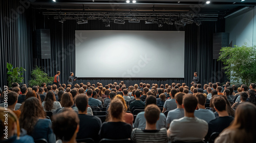 group of people in a conference room in a huge screen