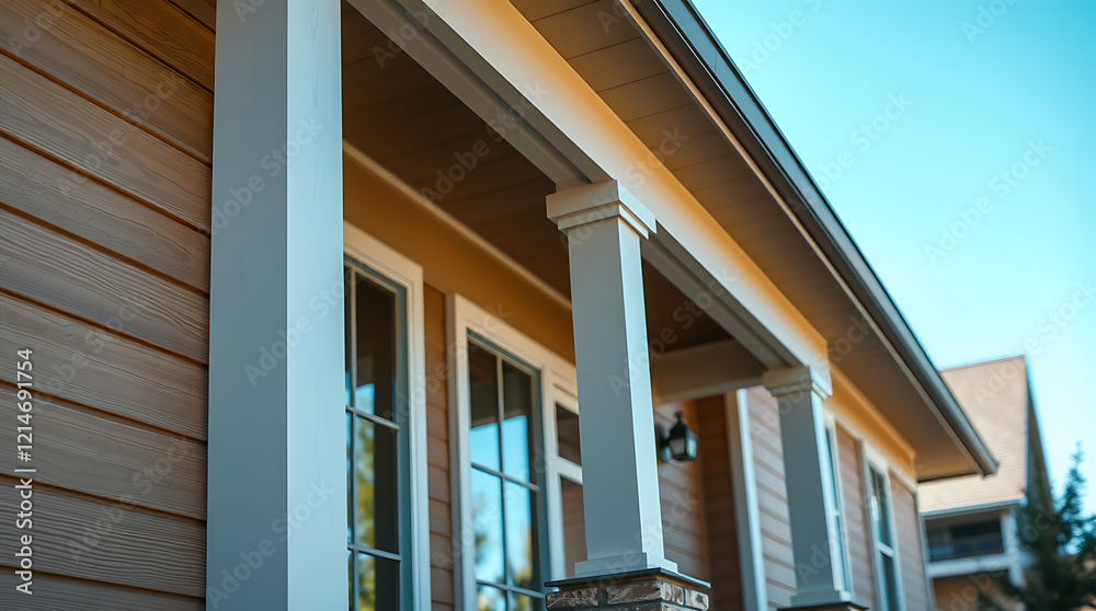 Fototapeta premium Modern House Exterior with Wooden Siding and Classic Porch Columns. Real Estate, Architecture, and Home Design