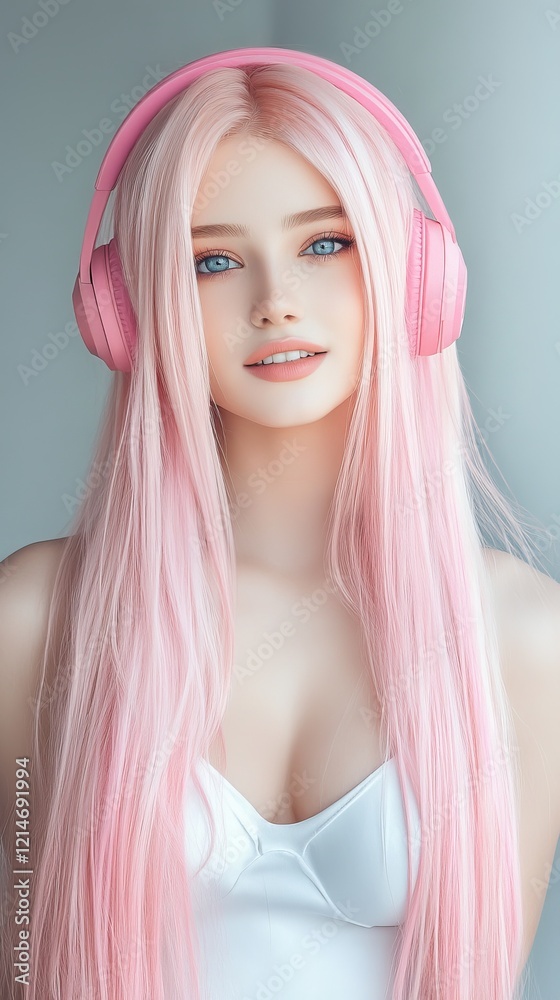 Stylish young woman with long pink hair wearing vibrant pink headphones, enjoying music in a modern, minimalist setting. Stylish young woman with long pink hair wearing vibrant pink headphones, enjoying music in a modern, minimalist setting.