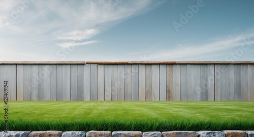 A lush green lawn with a stone border and a wooden fence photo