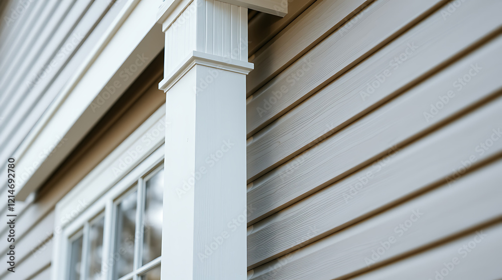 Modern House Exterior with White Columns and Beige Siding: Home Design and Architecture Modern House Exterior with White Columns and Beige Siding: Home Design and Architecture