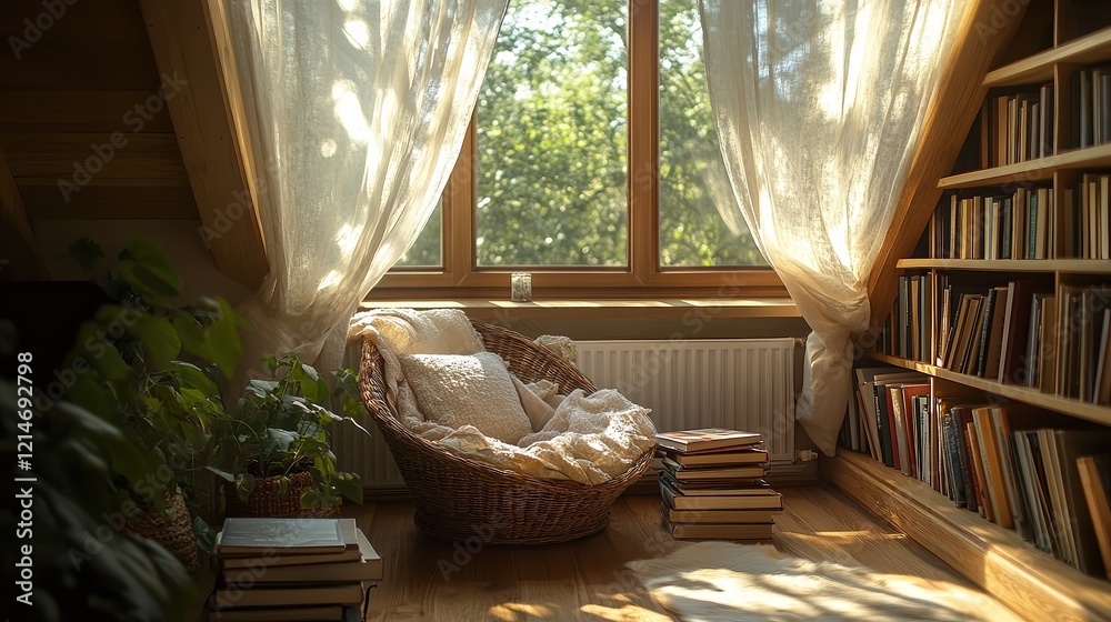 Flowing sheer curtains on roof windows sway in breeze, with sunlight cascading onto a cozy reading nook featuring a comfy chair, stacked books, and a tranquil atmosphere. Flowing sheer curtains on roof windows sway in breeze, with sunlight cascading onto a cozy reading nook featuring a comfy chair, stacked books, and a tranquil atmosphere.