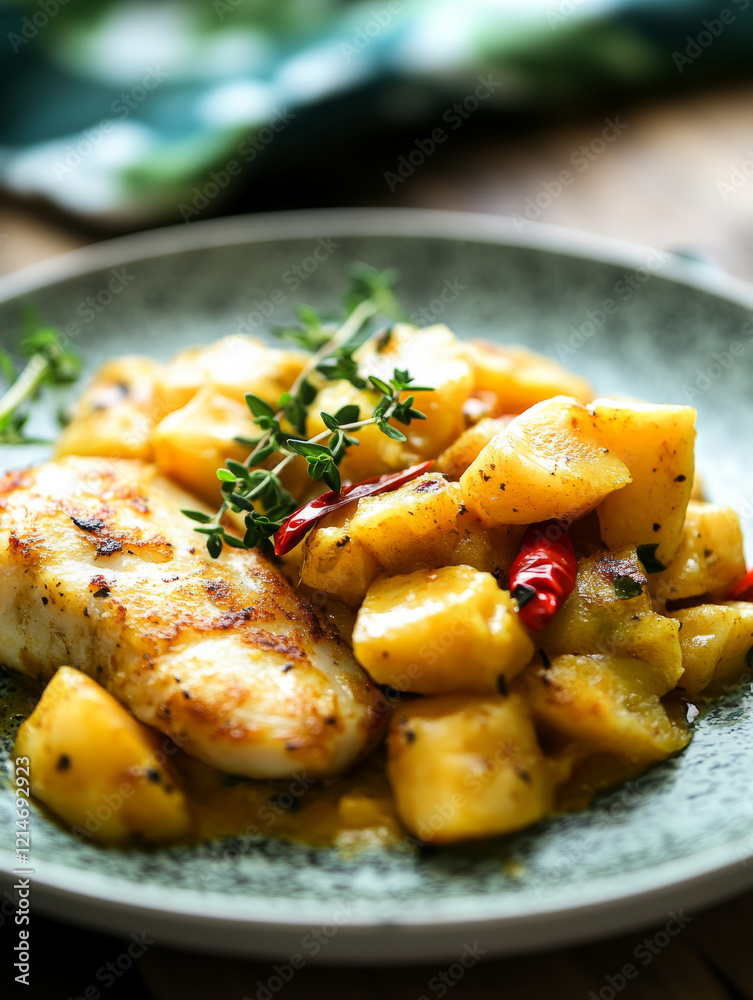 Roasted chicken with potatoes and herbs on a plate Roasted chicken with potatoes and herbs on a plate