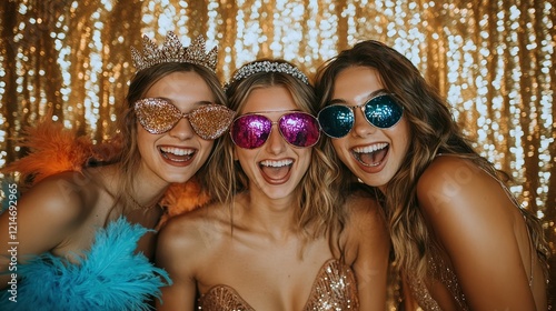  Friends laughing in prom photo booth, dressed up with props like feather boas, oversized sunglasses, and tiaras against shimmering gold sequin backdrop, capturing joyful celebration.