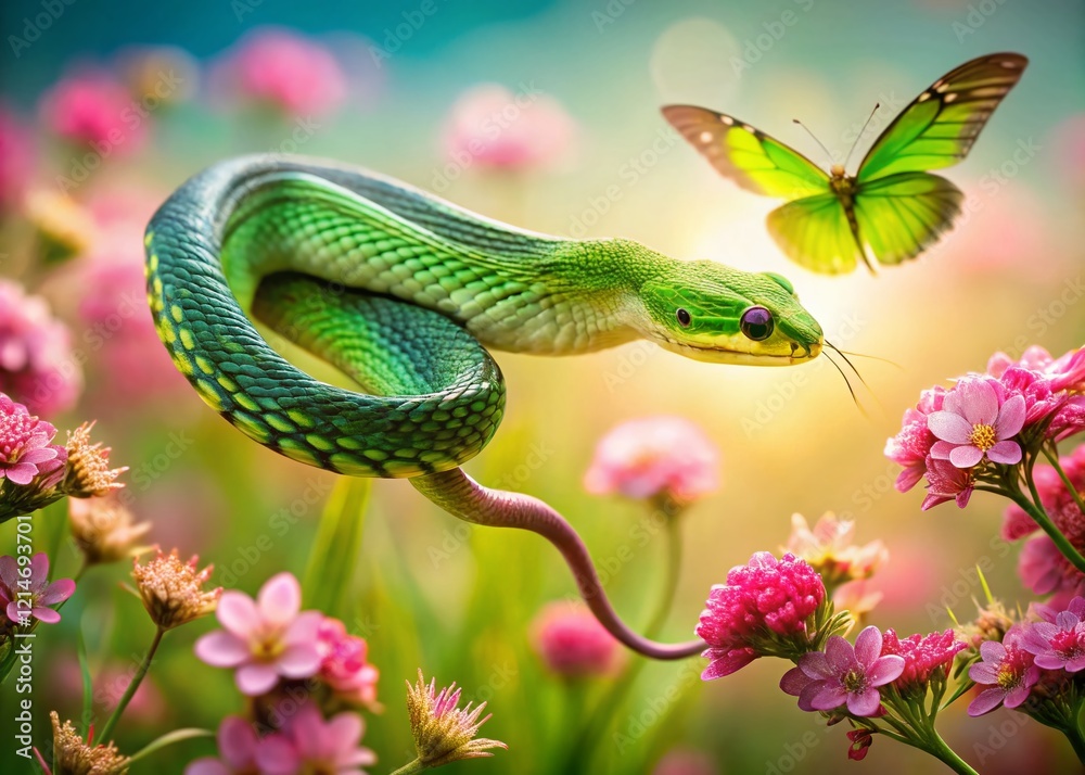 Fototapeta premium Surreal Green Snake with Butterfly Wings Soaring Over Pink Flowers Field