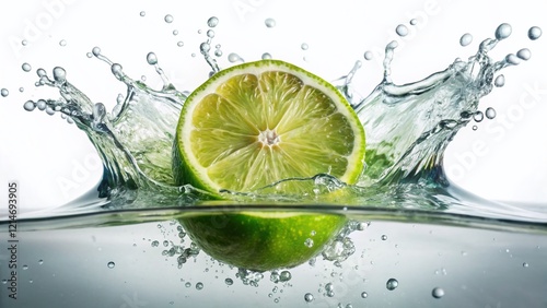 Surreal Half Lime in Water Splash, Isolated White Background, High-Resolution Stock Photo