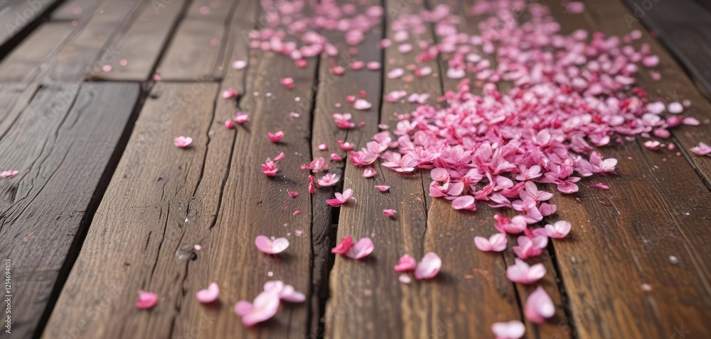 Close-up view of pink sakura petals falling on a wooden deck, oriental, Japanese symbols Close-up view of pink sakura petals falling on a wooden deck, oriental, Japanese symbols
