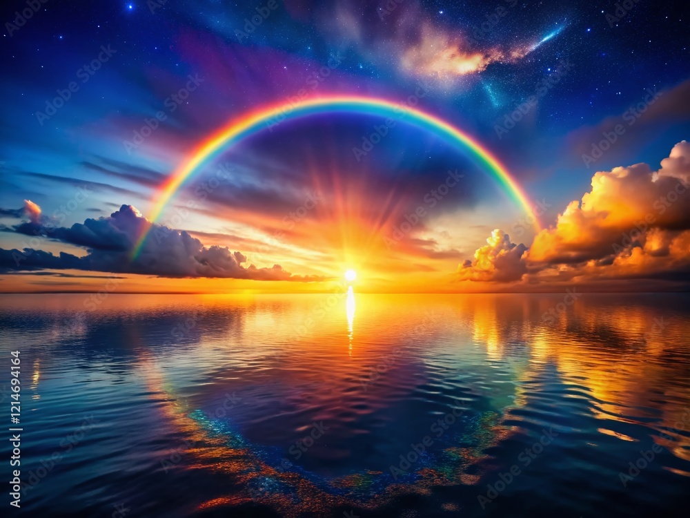 Celestial Rainbow over Tranquil Waters at Sunset - Golden Hour Starlight Reflection Celestial Rainbow over Tranquil Waters at Sunset - Golden Hour Starlight Reflection